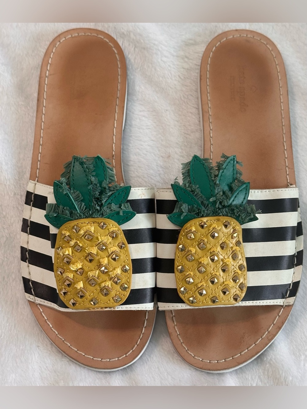 Kate Spade Pineapple Slide Sandals Size 8.5‎ Black White Stripe Studded Slides
